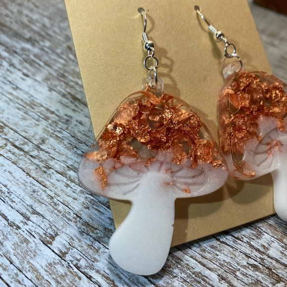Mushroom Earrings - Copper and White Amanita - Picture 11 of 11